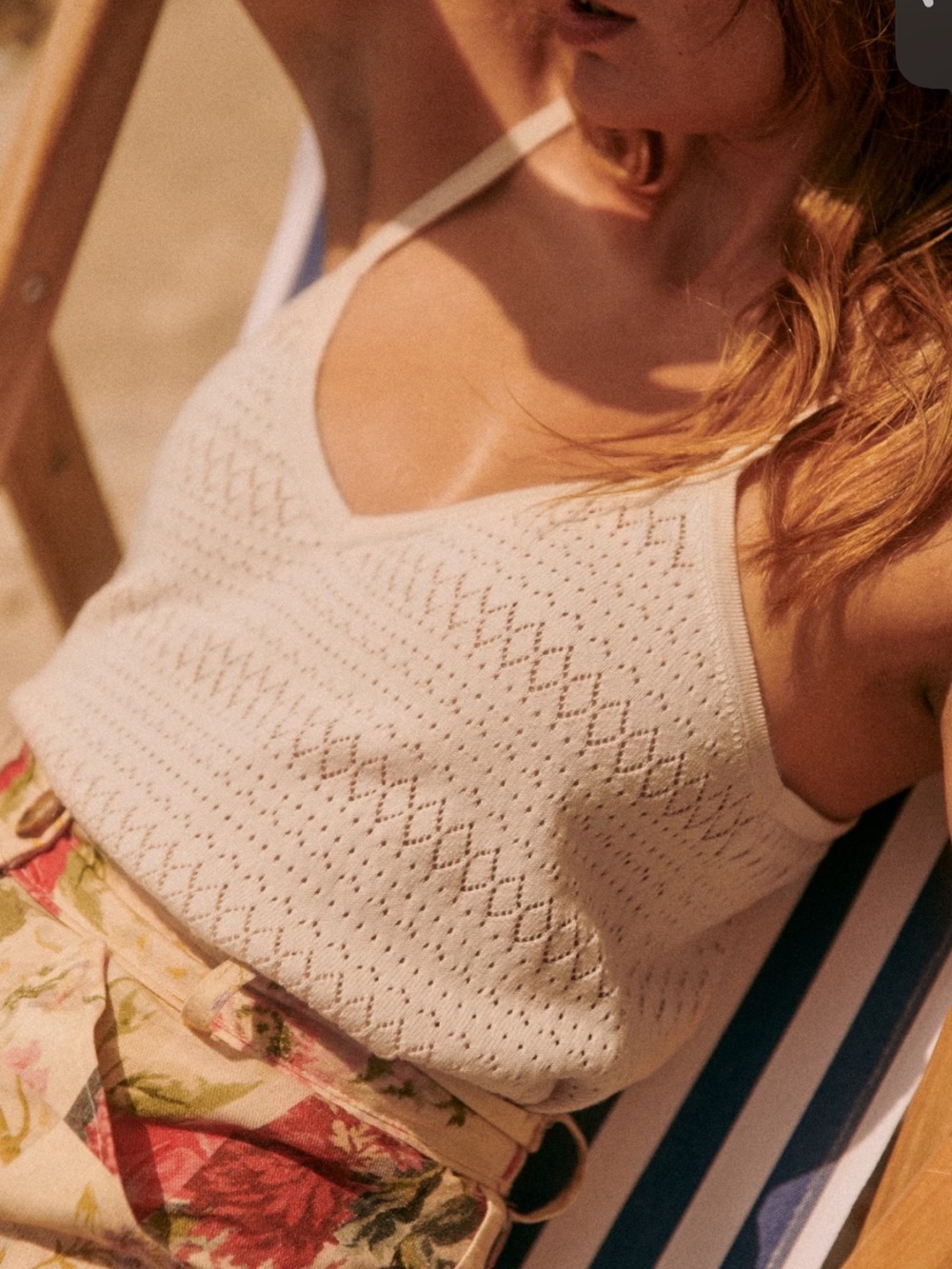 Sezane Cream Knit Eyelet V-Neck Tank Top